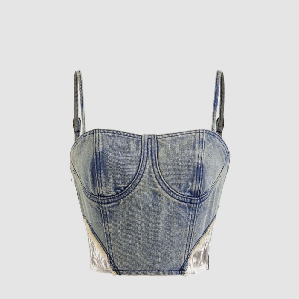 SEXY CIDER Denim Square Chest Crop COUNTRY CONCERT LACE Cami